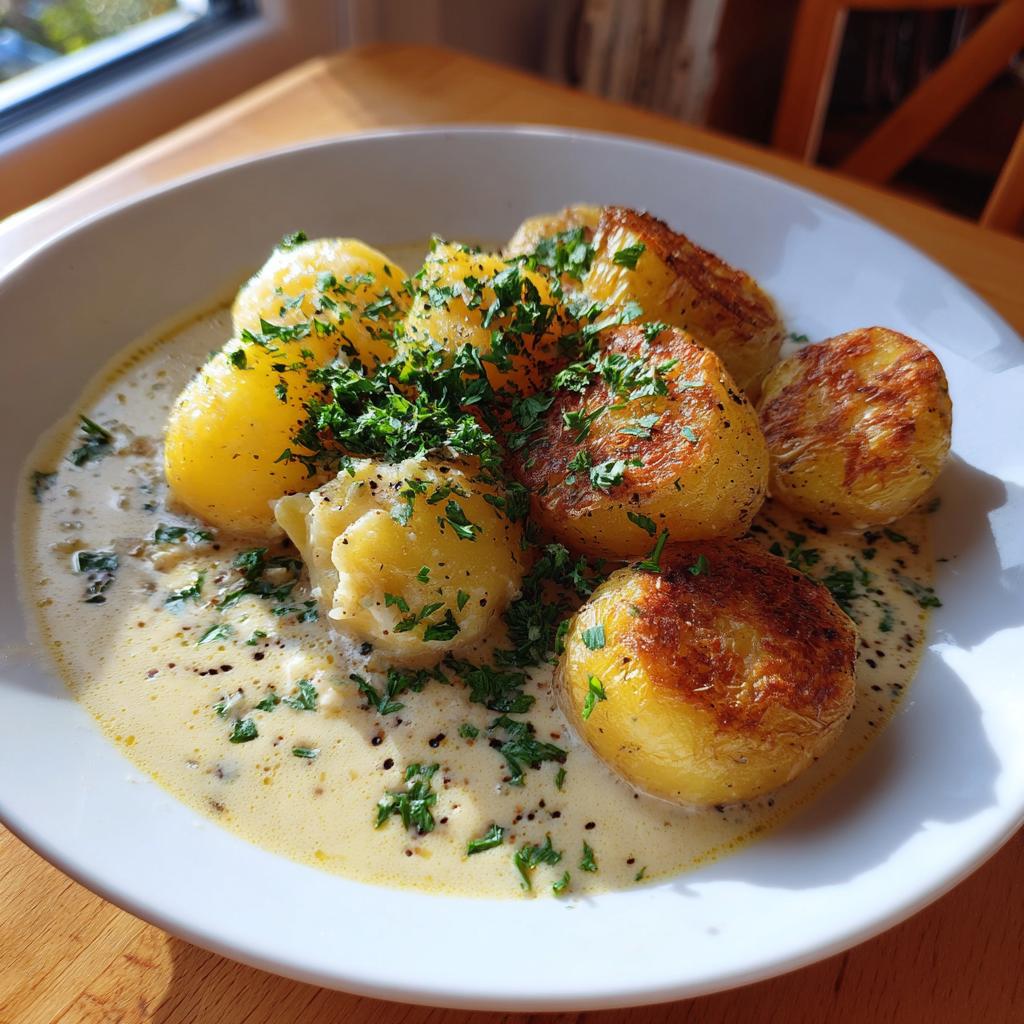Nahaufnahme von goldbraunen Butterkartoffeln in einer cremigen Rahmsauce, garniert mit frischer Petersilie.