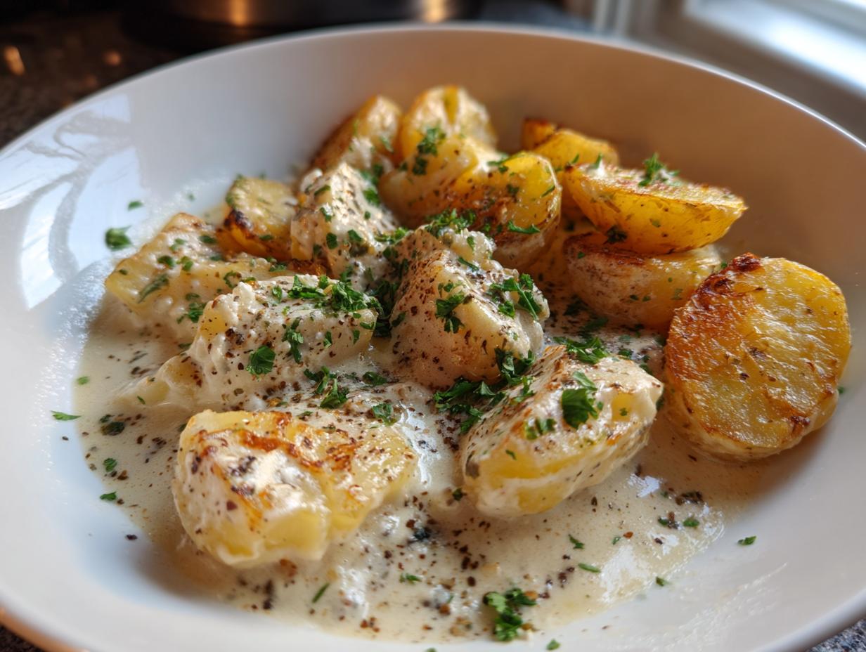 Nahaufnahme von Rahmkohlrabi mit Butterkartoffeln, garniert mit Petersilie und Pfeffer.