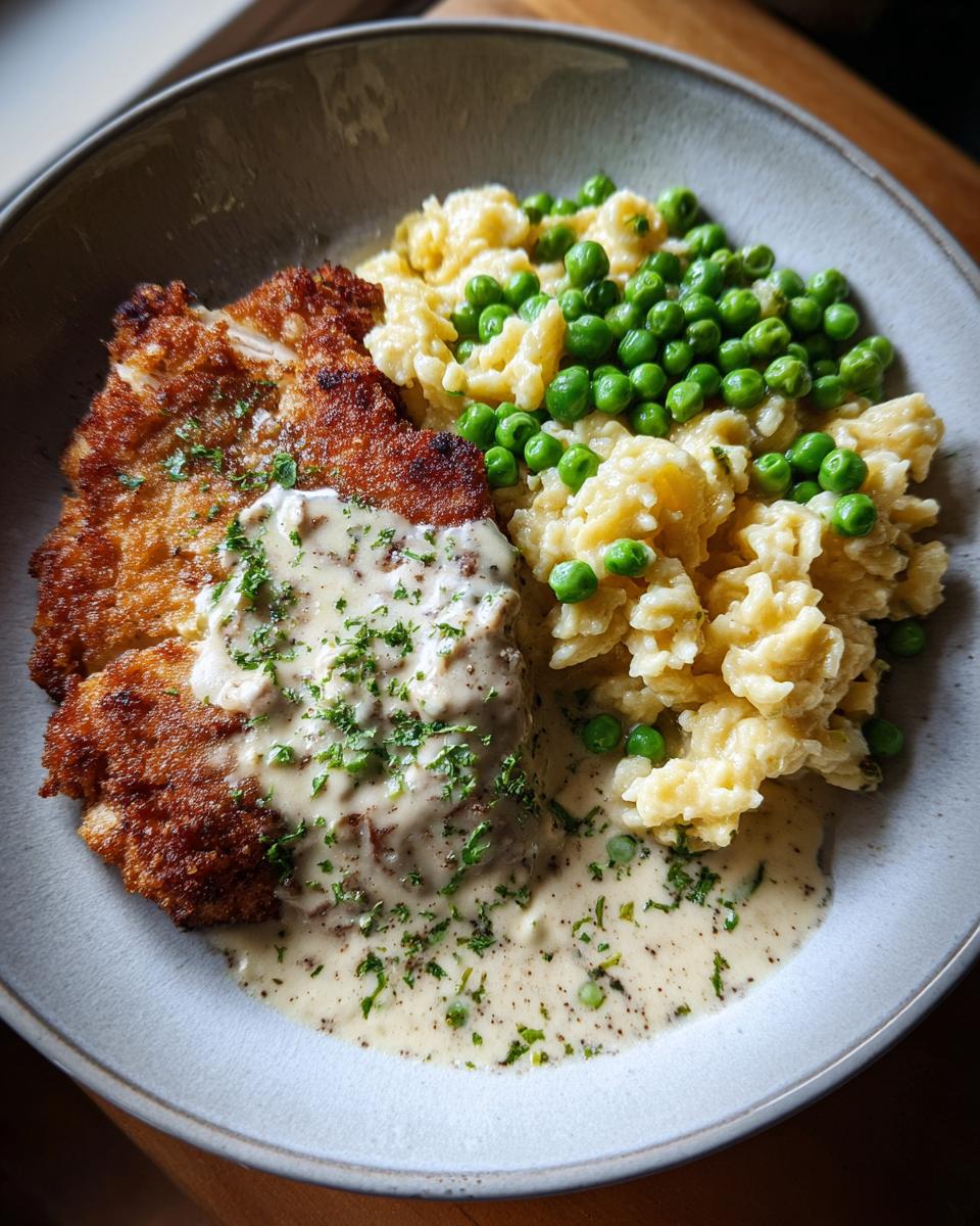 Goldbraunes Rahmschnitzel mit cremiger Sauce, daneben fluffige Butterspätzle und leuchtend grüne Erbsen.