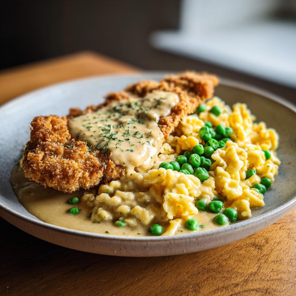 Ein Teller mit knusprigem Rahmschnitzel, cremigen Butterspätzle und leuchtend grünen Erbsen, garniert mit Petersilie.