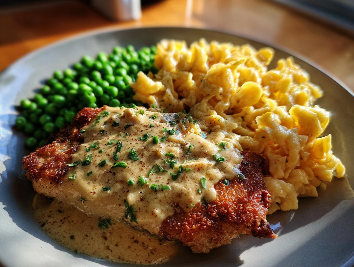 Ein Teller mit Rahmschnitzel, Butterspätzle und Erbsen, garniert mit Petersilie.