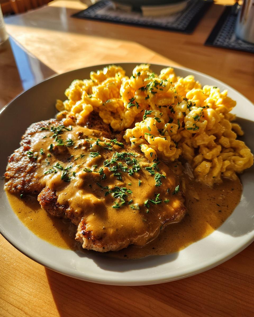 Ein Teller mit Rahmschnitzel und Spätzle, garniert mit Petersilie. Das Schnitzel ist in cremiger Sauce ertränkt.