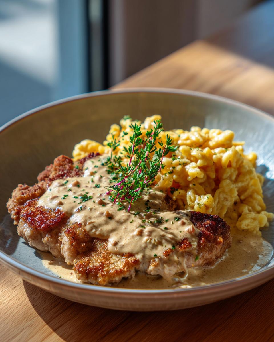 Ein Teller mit Rahmschnitzel und Spätzle, garniert mit frischen Kräutern.