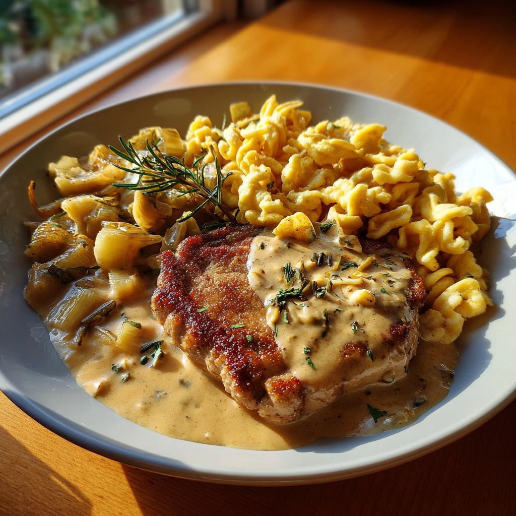 Ein goldbraunes Rahmschnitzel mit cremiger Sauce und frischen Kräutern, serviert mit hausgemachten Spätzle.