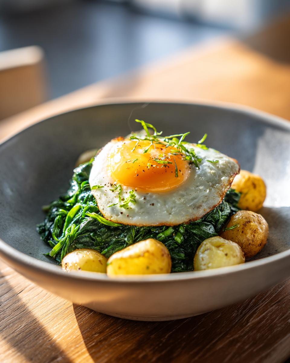 Ein Teller mit Rahmspinat, belegt mit einem perfekt gebratenen Spiegelei und kleinen Salzkartoffeln.