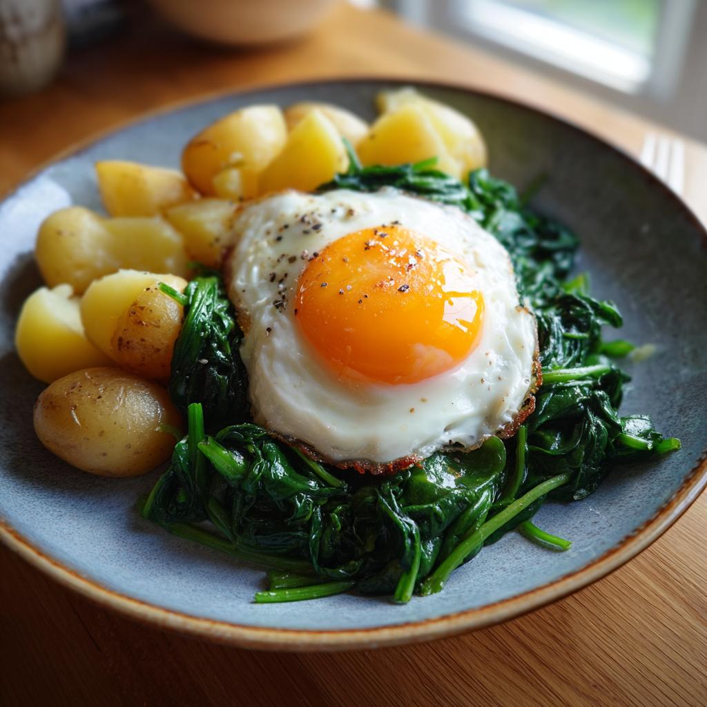 Teller mit Rahmspinat, einem Spiegelei und Salzkartoffeln, perfekt für ein schnelles Mittagessen.
