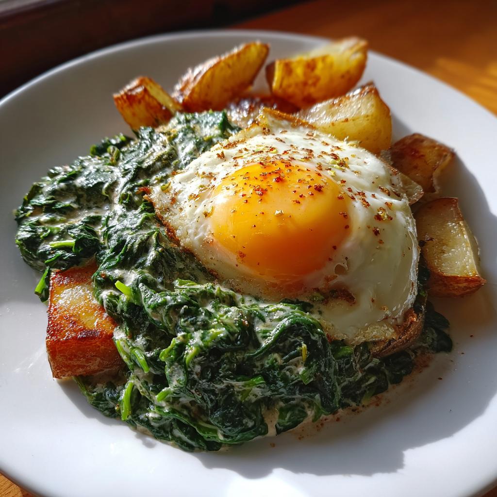 Ein Teller mit cremigem Rahmspinat, einem perfekt gebratenen Spiegelei und knusprigen Kartoffelspalten.