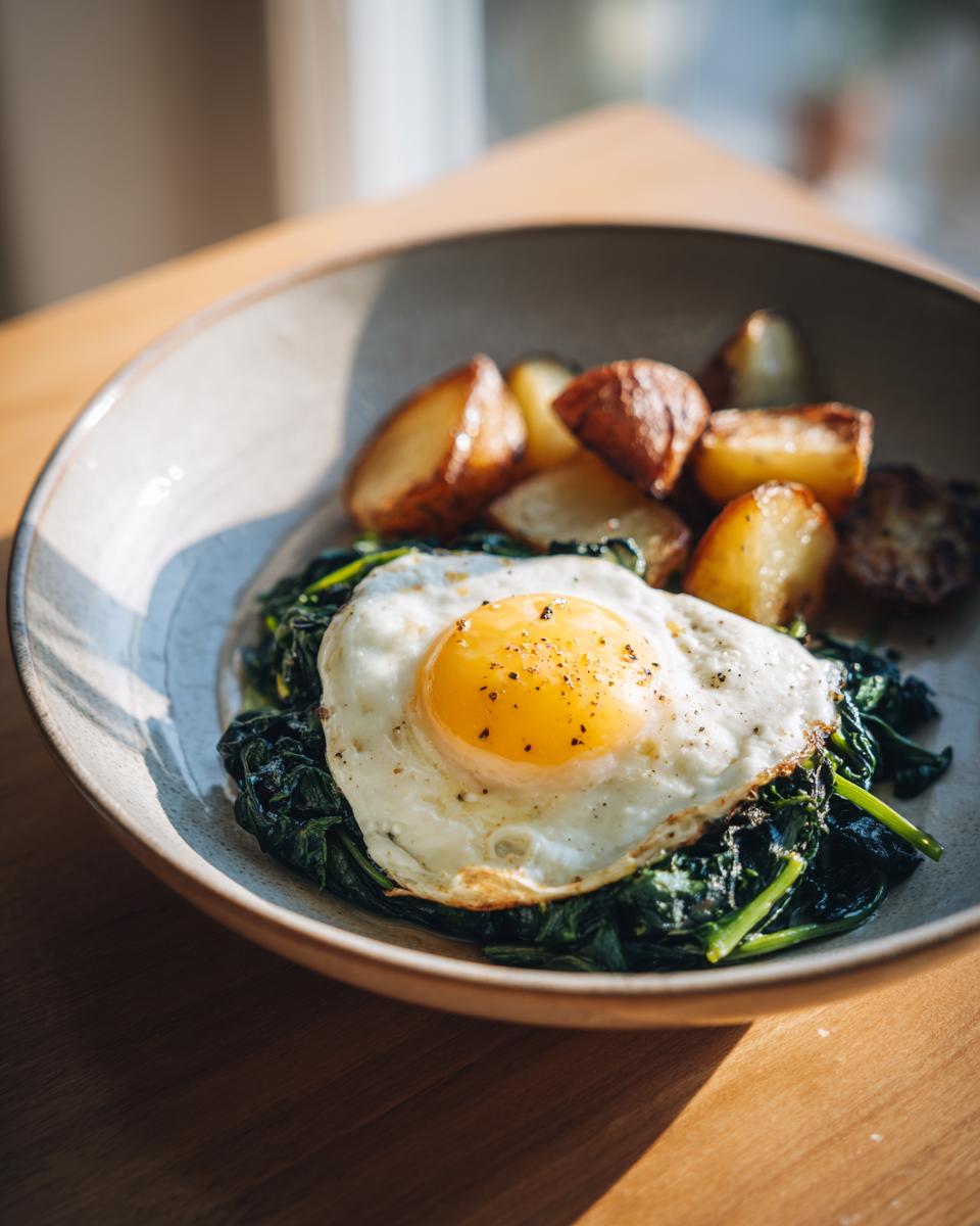 Ein Teller mit Rahmspinat, einem perfekt gebratenen Spiegelei und goldbraunen Kartoffeln.