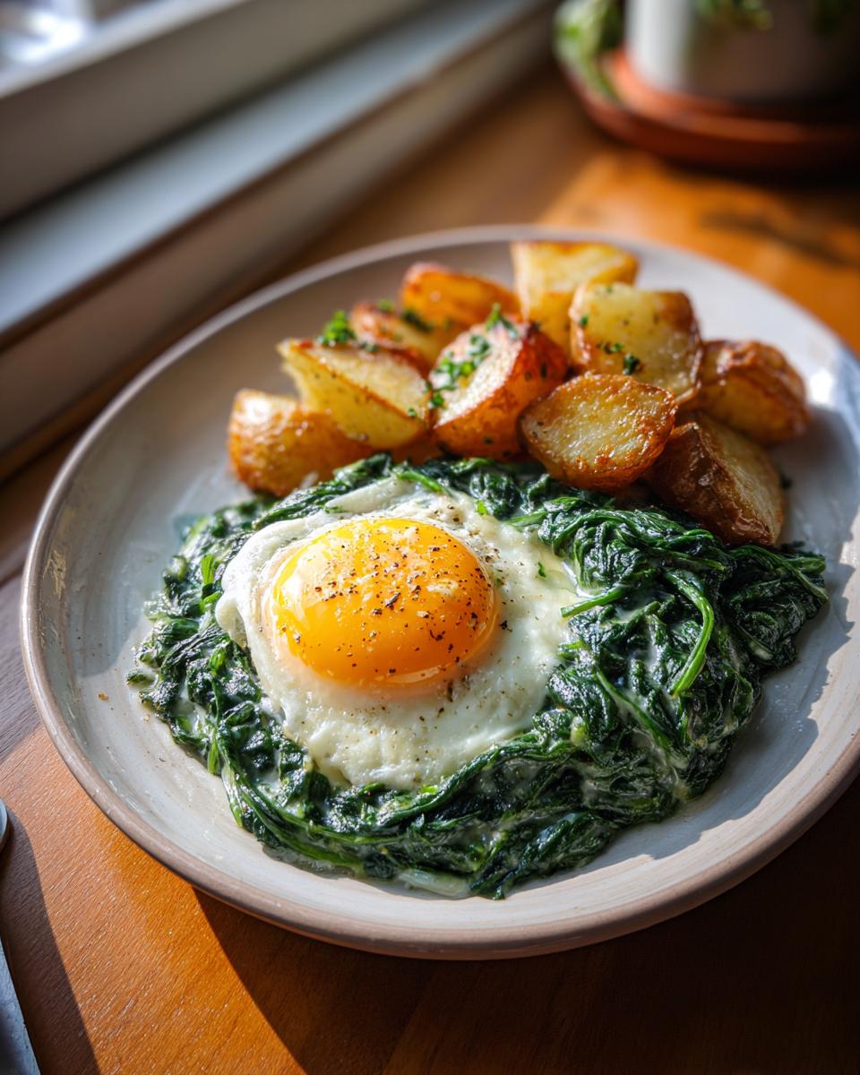 Ein Teller mit cremigem Rahmspinat, einem perfekt gebratenen Spiegelei und goldbraunen Kartoffelspalten.