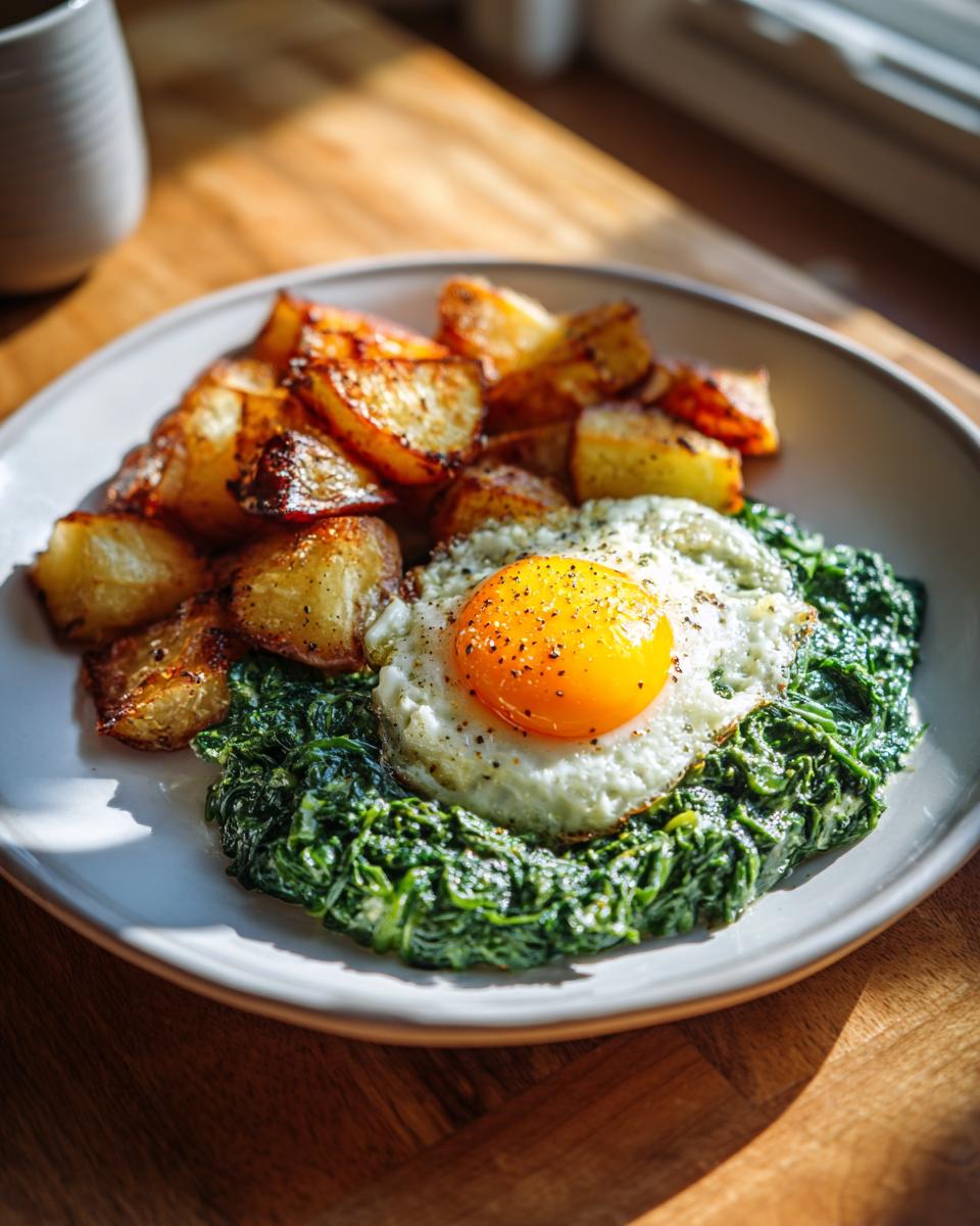 Ein Teller mit cremigem Rahmspinat, einem perfekt gebratenen Spiegelei und knusprigen Bratkartoffeln.
