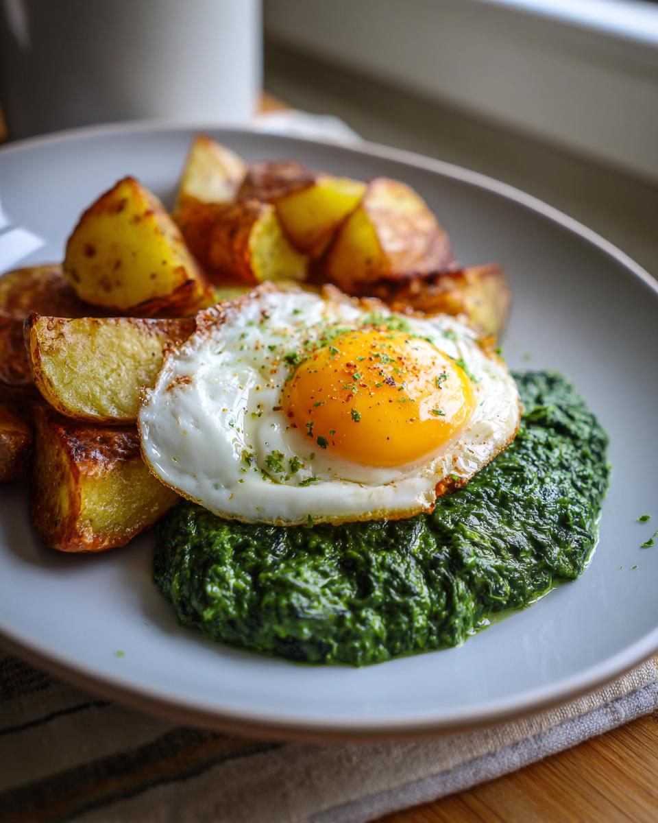 Ein Teller mit Rahmspinat mit Spiegelei und goldbraunen Kartoffelspalten, bestreut mit Kräutern und Gewürzen.