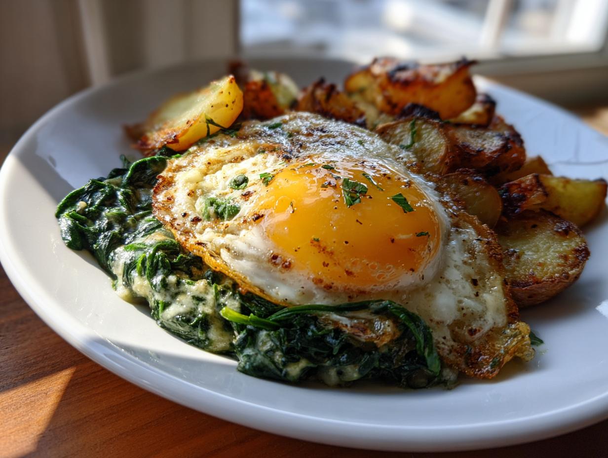 Ein Teller mit Rahmspinat mit Spiegelei und goldbraunen Bratkartoffeln, garniert mit Petersilie.