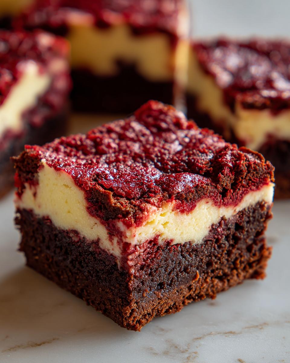 Nahaufnahme eines saftigen Red Velvet Cheesecake Brownies mit dunklem Boden und cremiger Schicht.