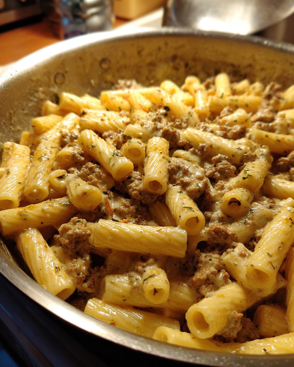 Nahaufnahme von Rigatoni mit Hackfleisch-Sahne-Sauce, das Gericht ist cremig und mit Kräutern bestreut.