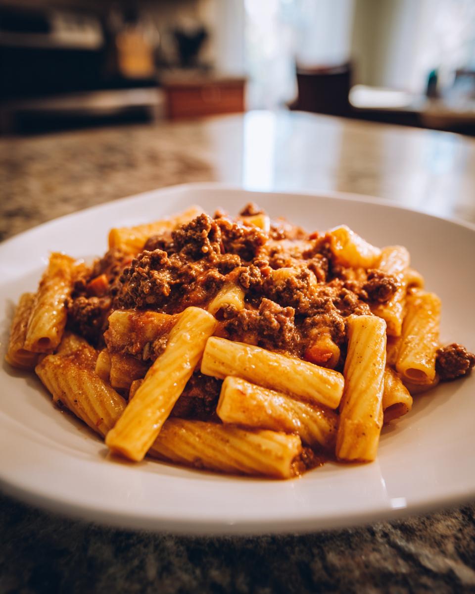 Ein Teller Rigatoni mit Hackfleisch-Sahne-Sauce, appetitlich angerichtet und bereit zum Genießen.