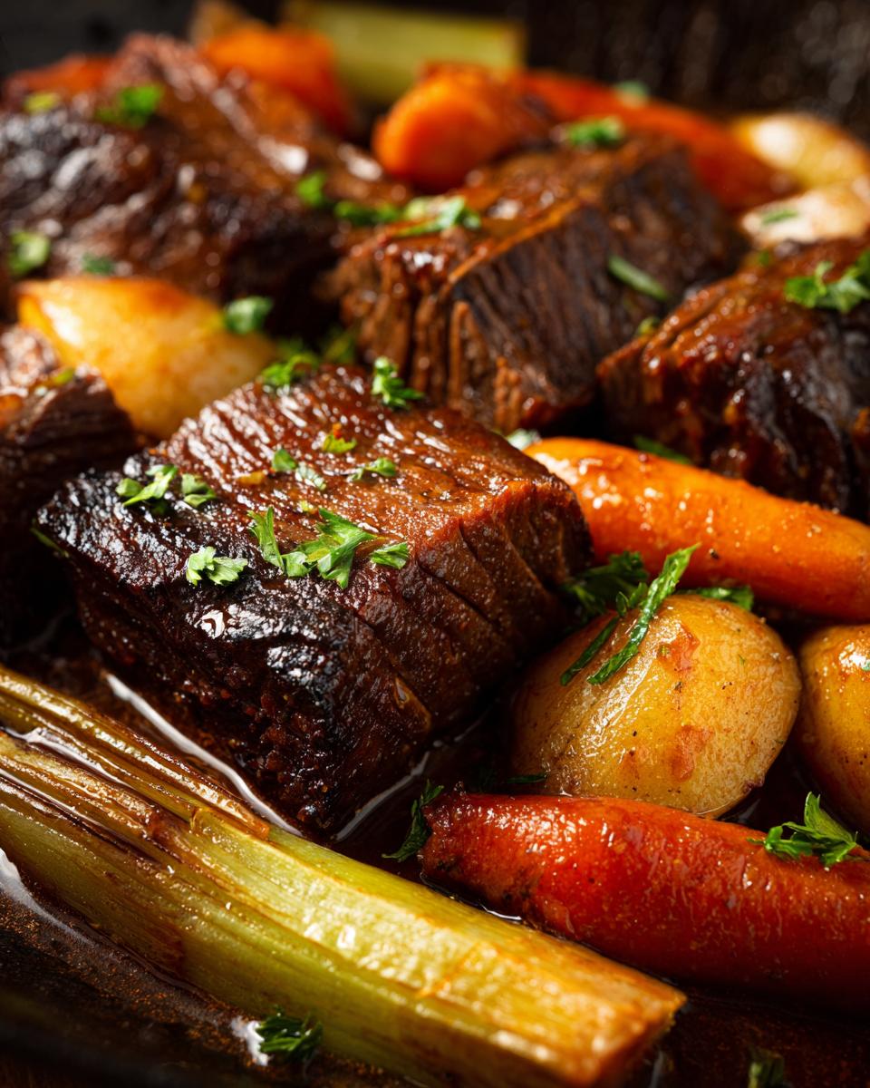 Nahaufnahme von saftigem Rinderbraten mit Wurzelgemüse wie Karotten und Kartoffeln, garniert mit Petersilie.