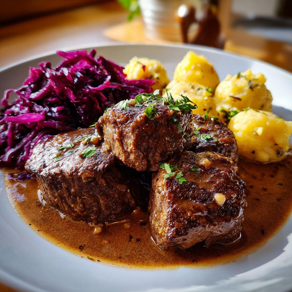 Herzhafte Rinderrouladen mit Rotkohl und Klößen, garniert mit Petersilie, serviert in einer köstlichen Sauce.