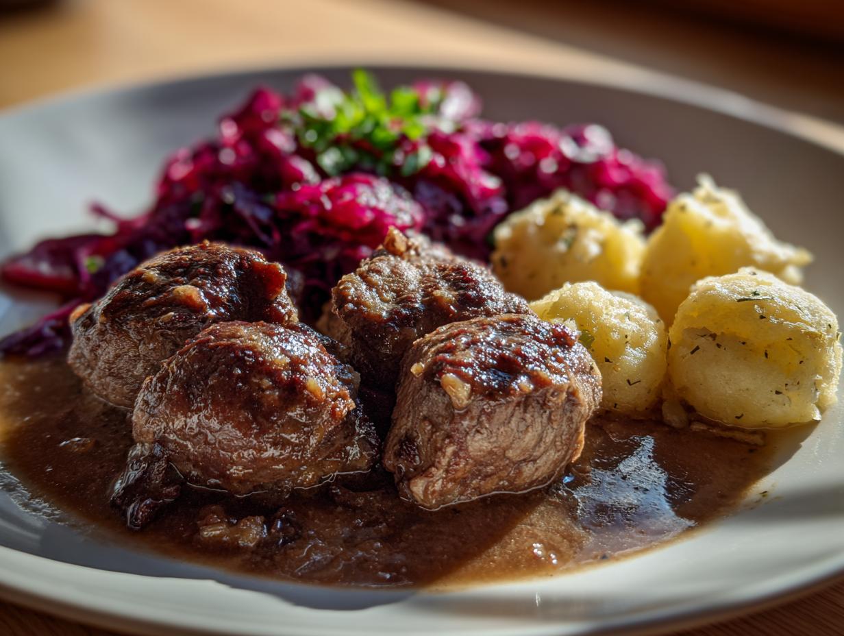 Hausgemachte Rinderrouladen mit Rotkohl und Klößen auf einem Teller, garniert mit Petersilie.