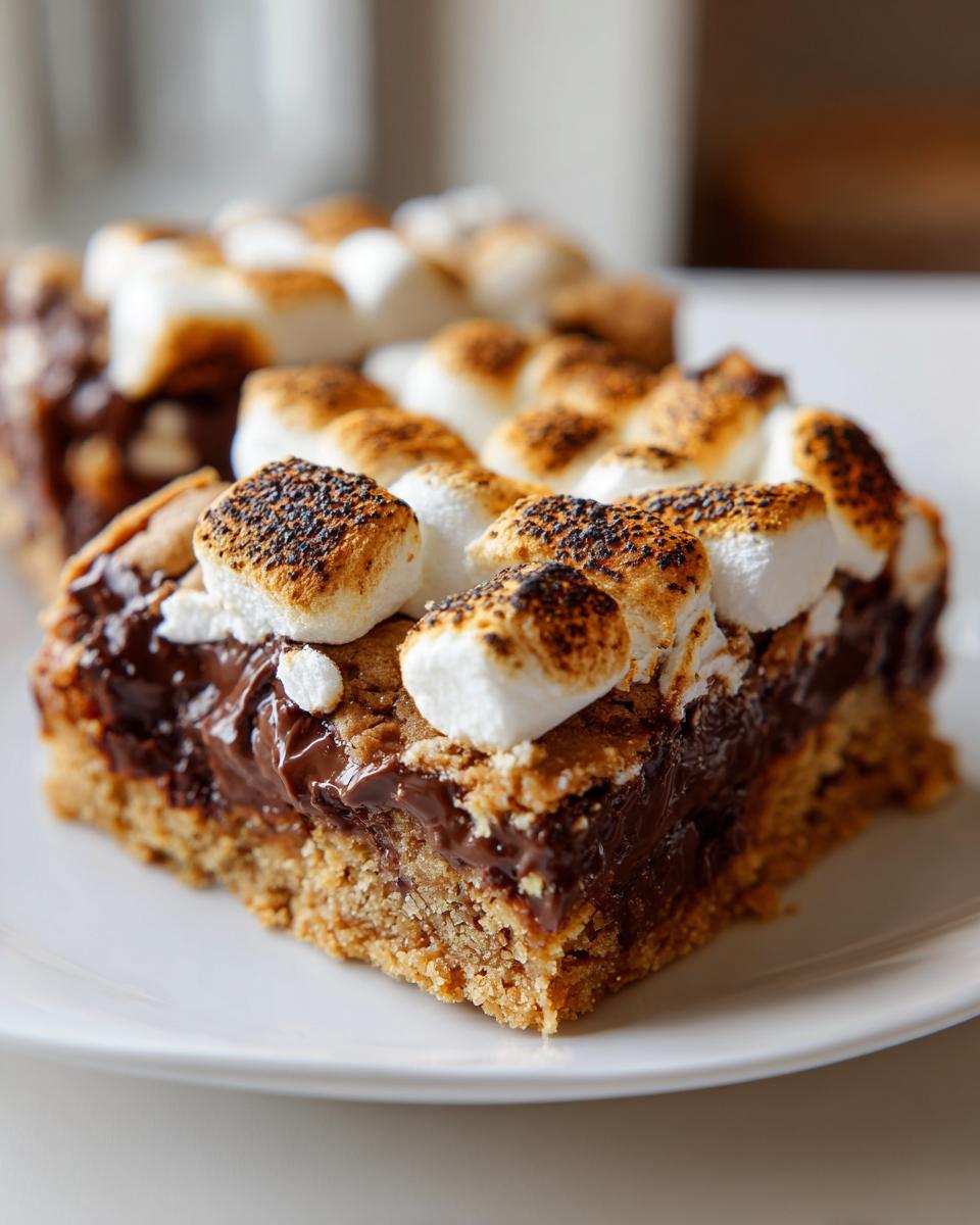 Ein saftiges Stück S’mores Cookie Bars mit geschmolzener Schokolade und getoasteten Marshmallows.