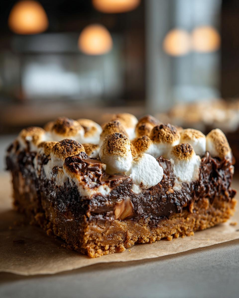 Nahaufnahme eines saftigen Stücks S’mores Cookie Bars mit knusprigem Boden und getoasteten Marshmallows.