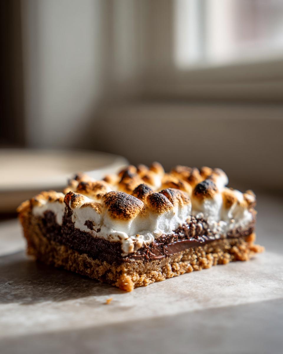 Nahaufnahme eines einzelnen Stücks S’mores Cookie Bars mit knusprigem Boden, Schokoladenschicht und goldbraun gerösteten Marshmallows.