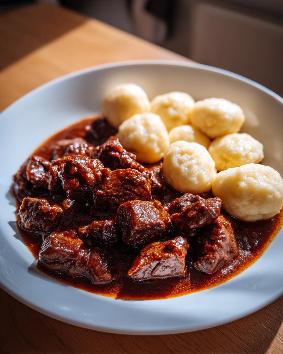 Ein Teller mit saftigem Saftgulasch und fluffigen Butternockerl, perfekt angerichtet.