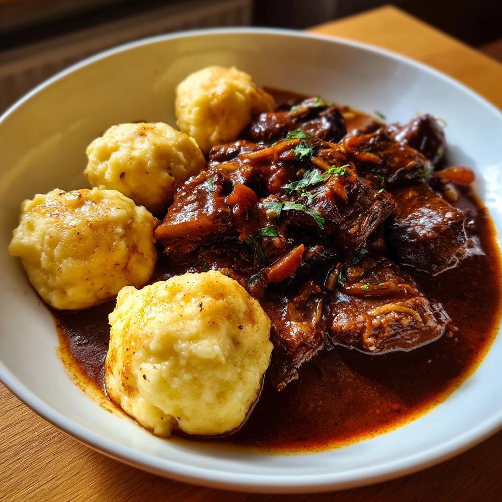 Nahaufnahme von zartem Saftgulasch mit Butternockerl in einer weißen Schüssel, übergossen mit dunkler Sauce.