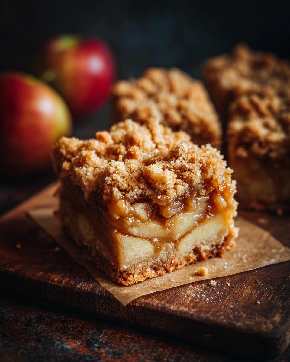 Nahaufnahme eines saftigen Stücks Apfel-Zimt-Crumble Bars mit knuspriger Streuseldecke auf Holz.