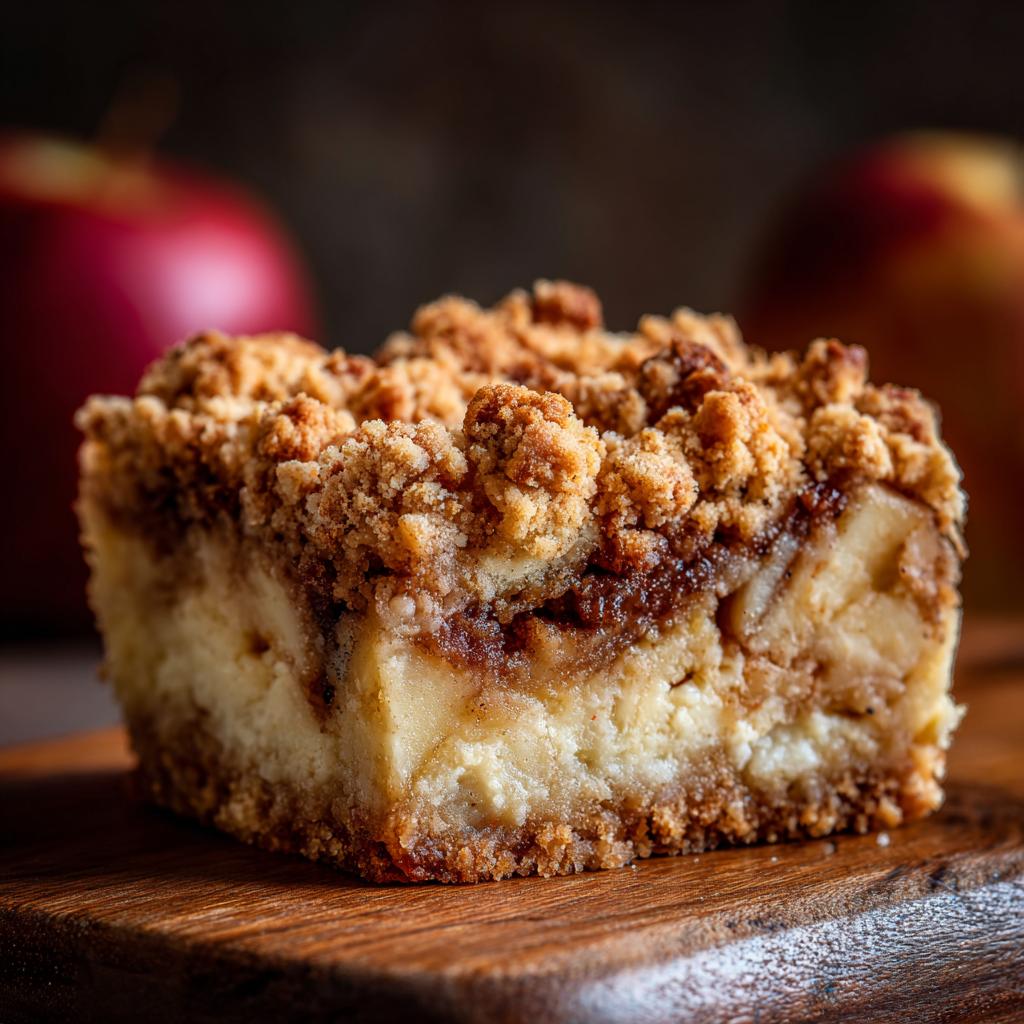 Nahaufnahme eines saftigen Stücks Apfel-Zimt-Crumble Bars mit knuspriger Streuseldecke auf einem Holzbrett.