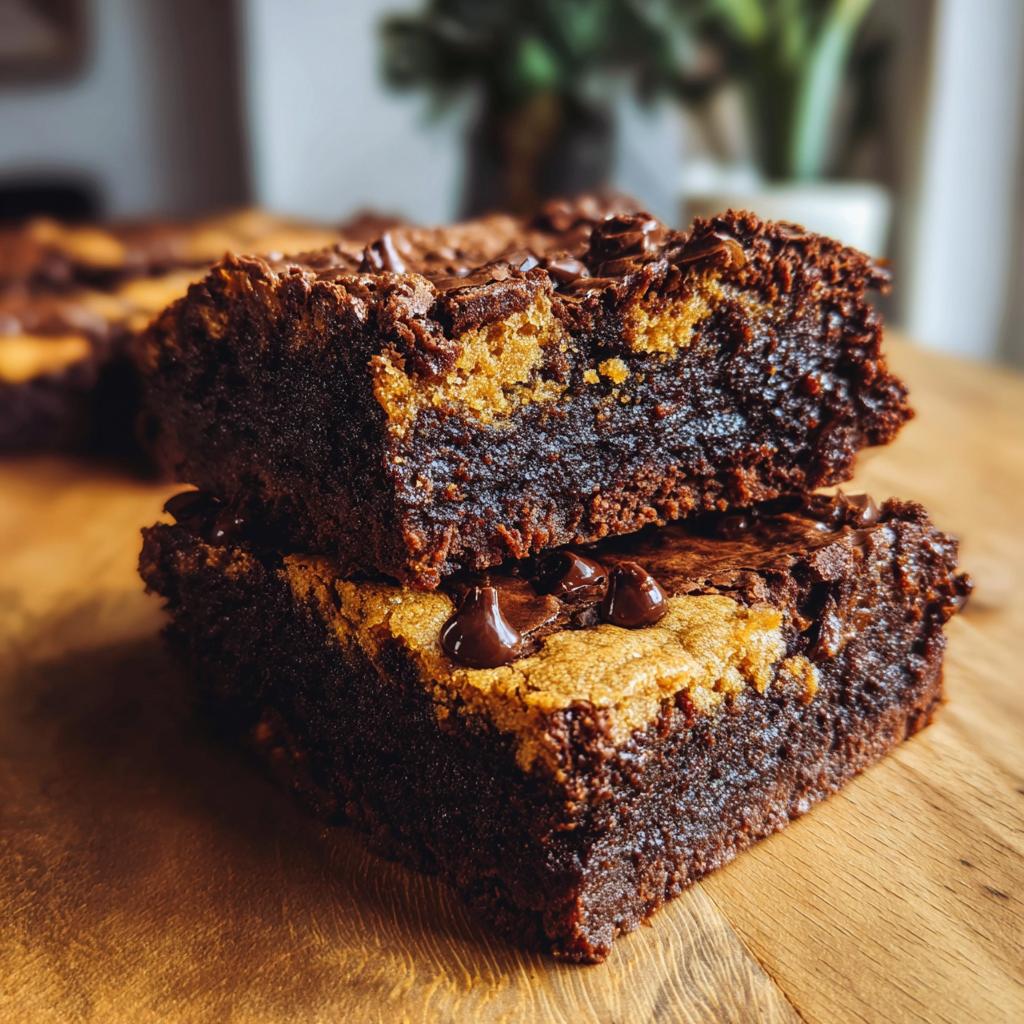 Zwei gestapelte, saftige Brookies mit dunklem Schokoteig und hellem Cookie-Topping.