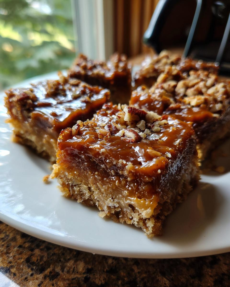 Nahaufnahme von mehreren saftigen Karamell-Pecan-Bars mit klebriger Karamellglasur und gehackten Pekannüssen.
