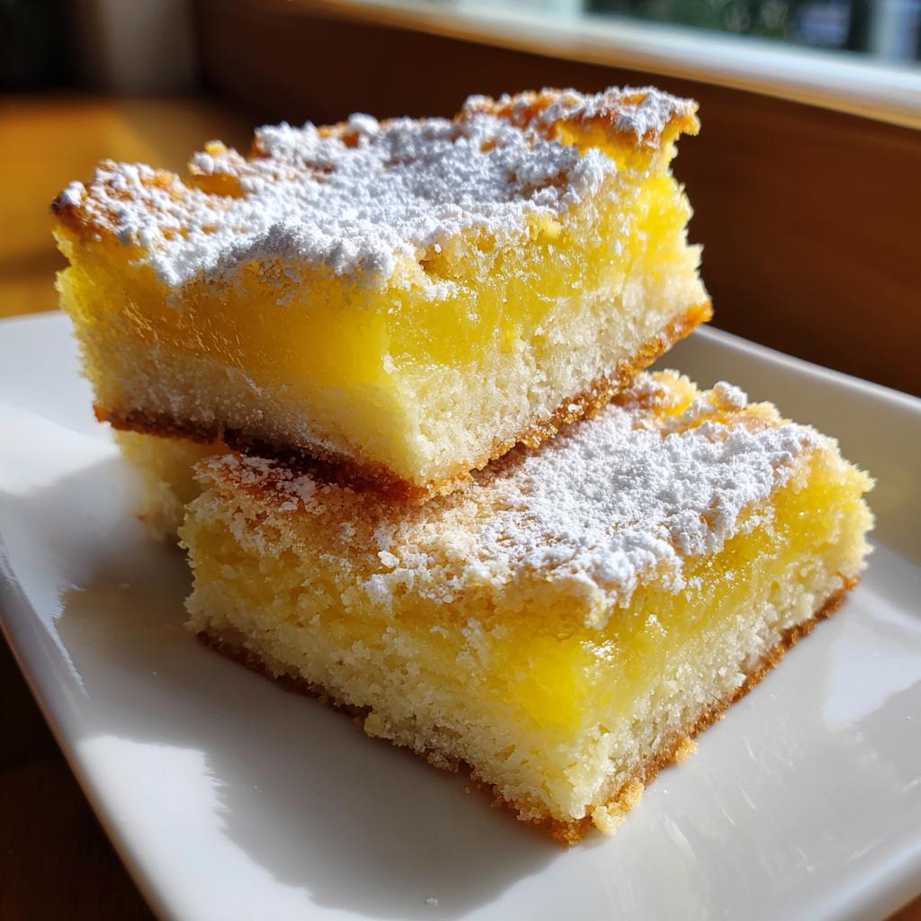 Zwei gestapelte Zitronenschnitten mit leuchtend gelber Füllung und Puderzucker auf einem weißen Teller.