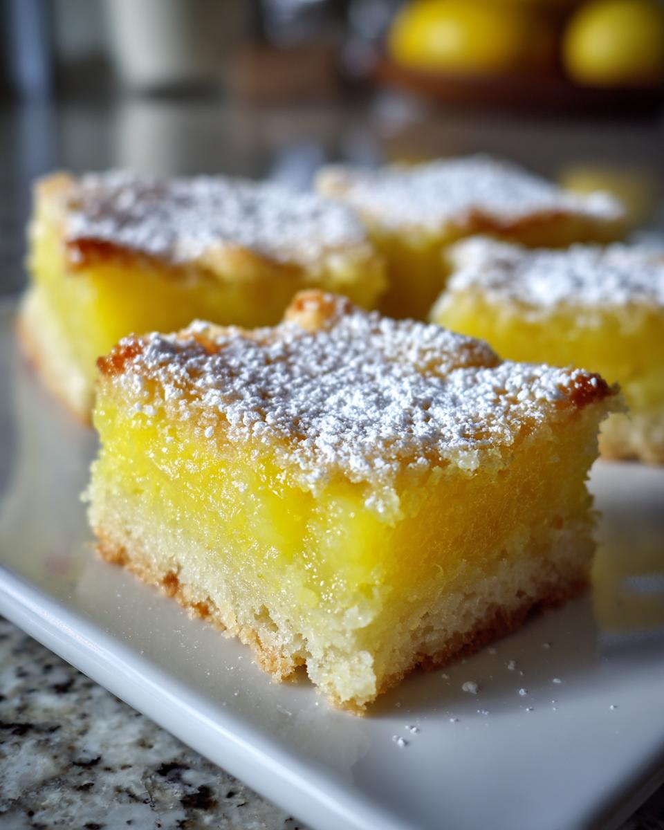 Nahaufnahme von saftigen Zitronenschnitten mit dicker, gelber Füllung und Puderzucker auf einem weißen Teller.