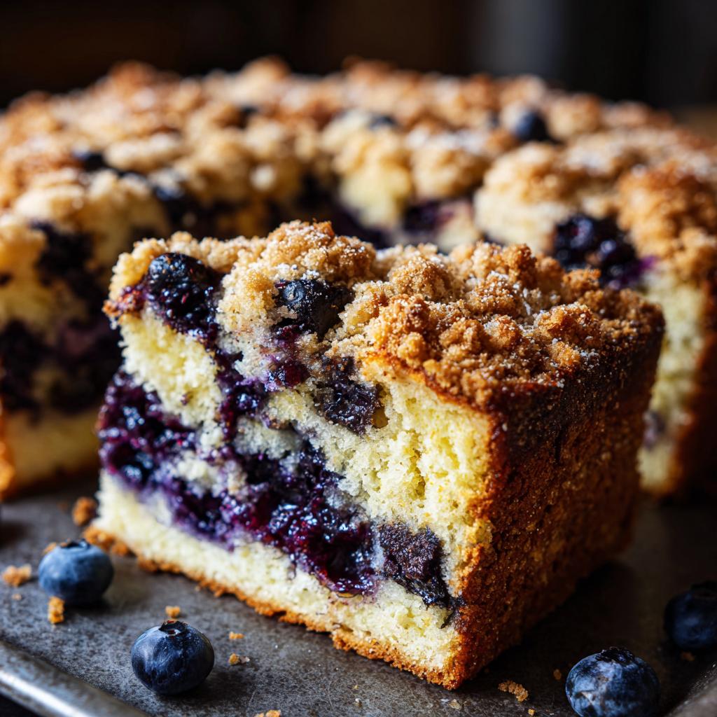 Ein saftiges Stück Blueberry Muffin Crumble Cake mit viel Blaubeerfüllung und knuspriger Streuseldecke.