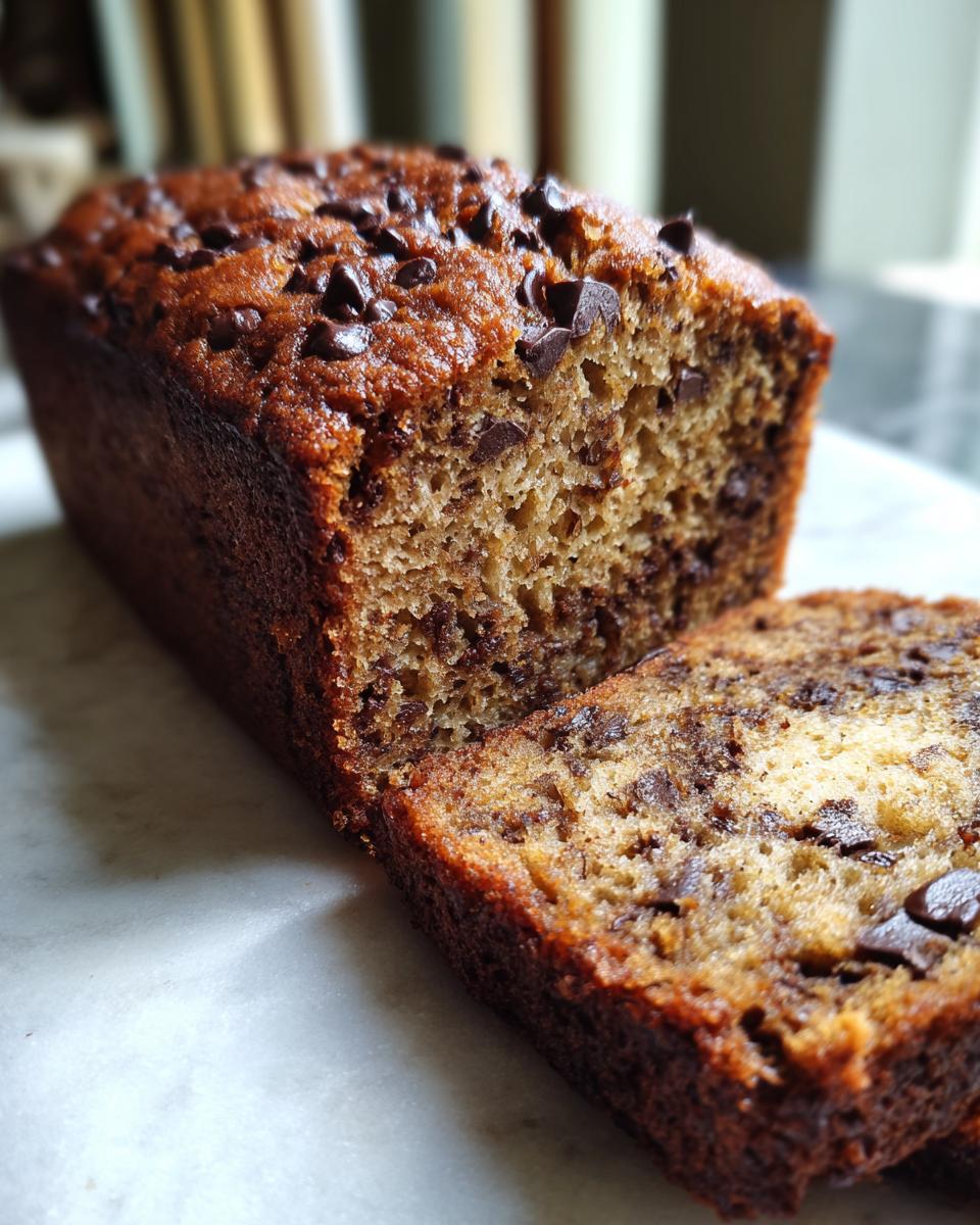 Nahaufnahme eines saftigen Banana Bread mit Chocolate Chips, das angeschnitten wurde und die lockere Krume zeigt.
