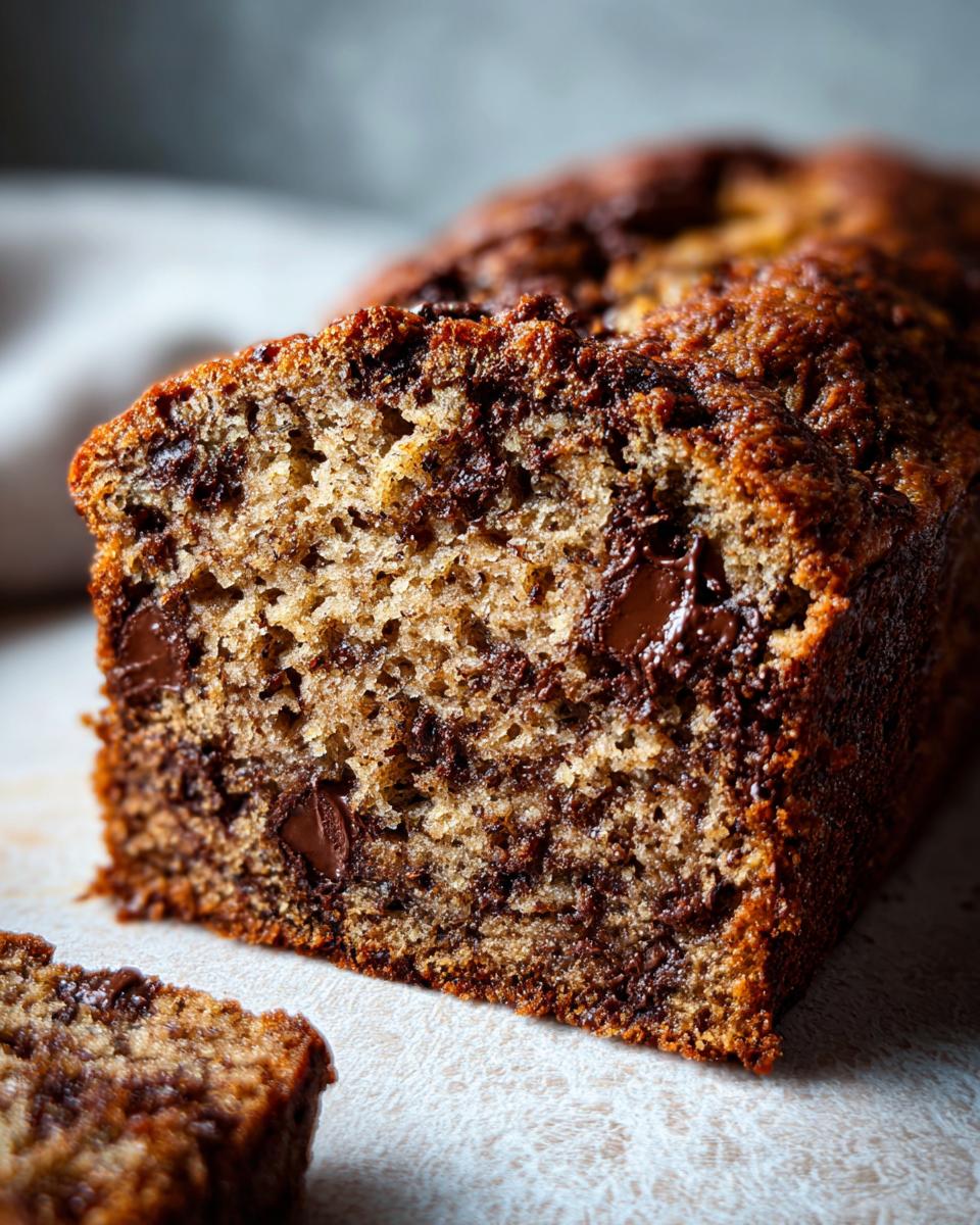 Nahaufnahme des Anschnitts eines saftigen Banana Bread mit Chocolate Chips, das schön dunkel gebacken ist.