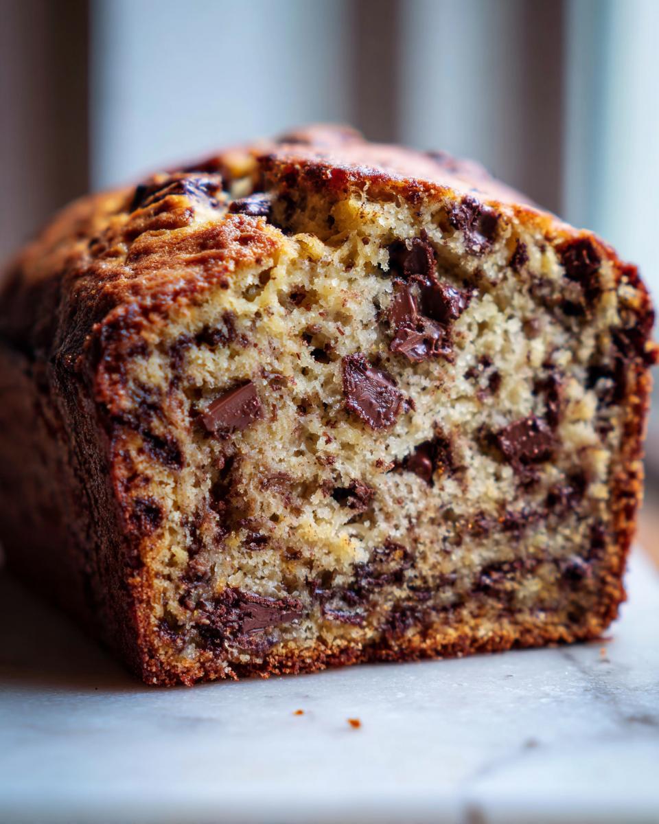 Nahaufnahme eines angeschnittenen, saftigen Banana Bread mit Chocolate Chips und goldbrauner Kruste.