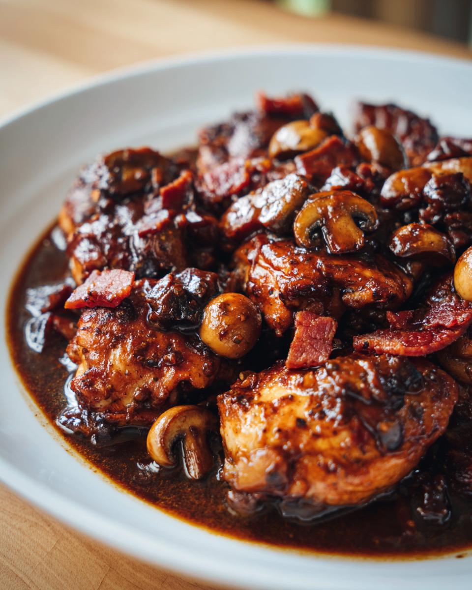Nahaufnahme von saftigen Hähnchenteilen in dunkler Soße, garniert mit Champignons und Speckstücken – perfektes Coq au Vin.