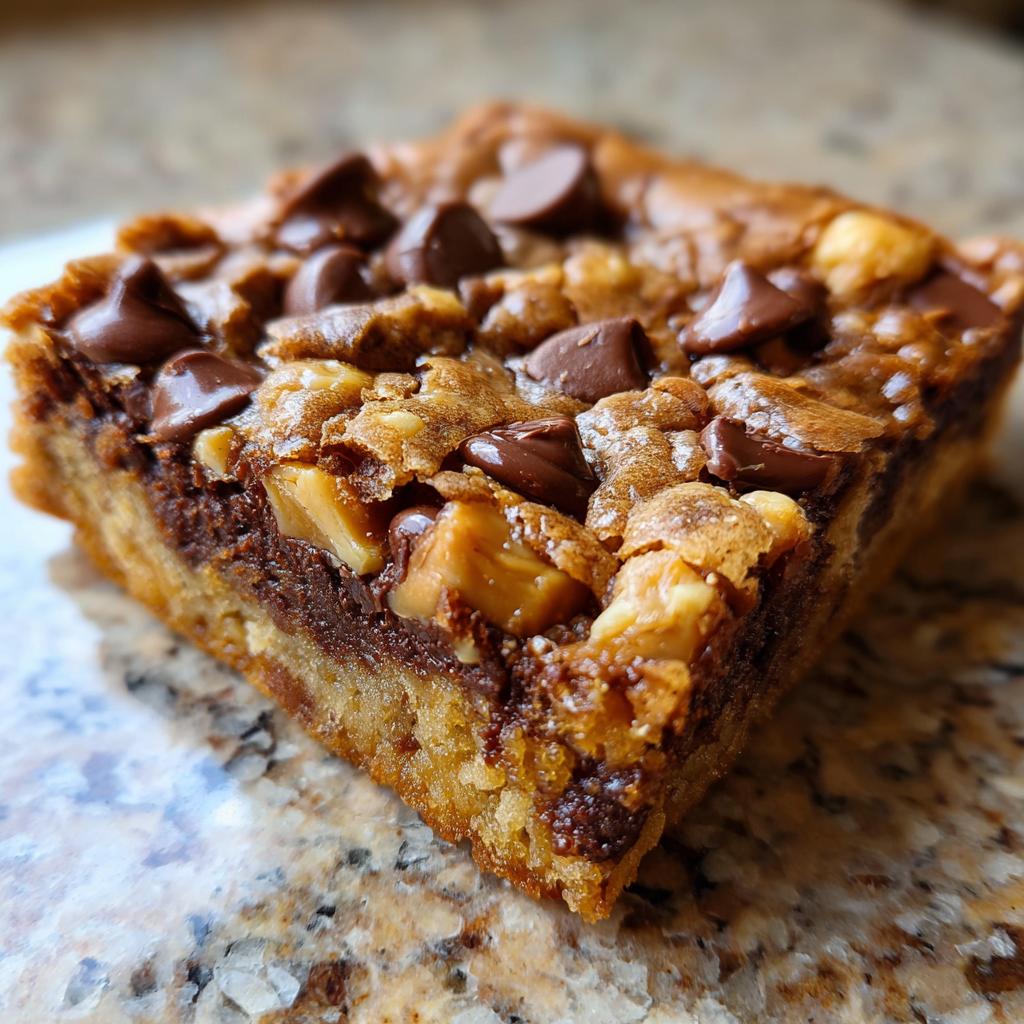 Nahaufnahme eines saftigen Stücks Snickers-Cookie-Bars mit geschmolzenen Schokotropfen und Karamellstücken.