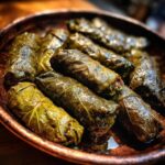 Nahaufnahme von Sarma, gefüllten Weinblättern mit Hackfleisch und Reis, in einer Kupferschale serviert.