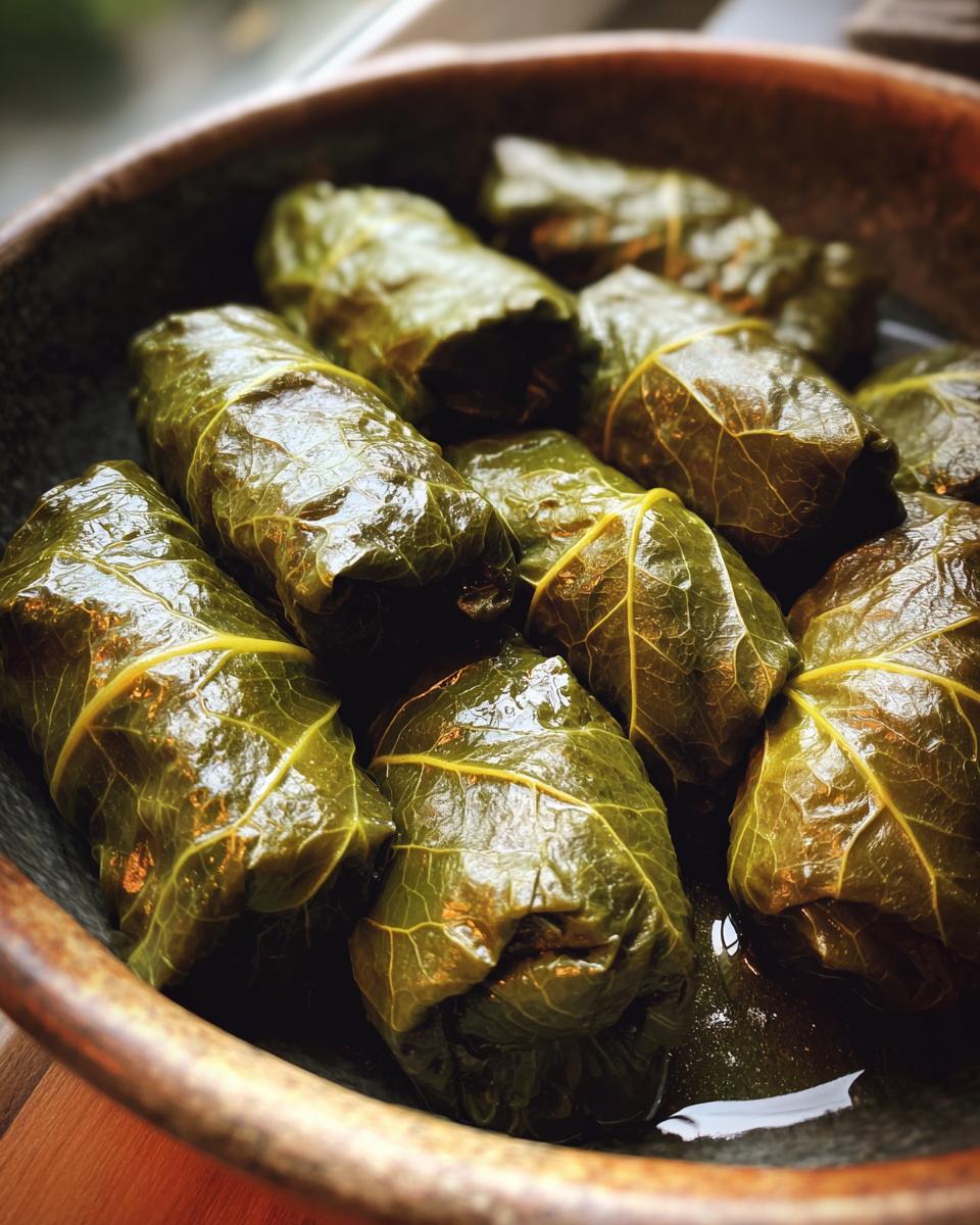 Nahaufnahme von Sarma – gefüllten Weinblättern mit Hackfleisch und Reis, in einer Schüssel serviert.