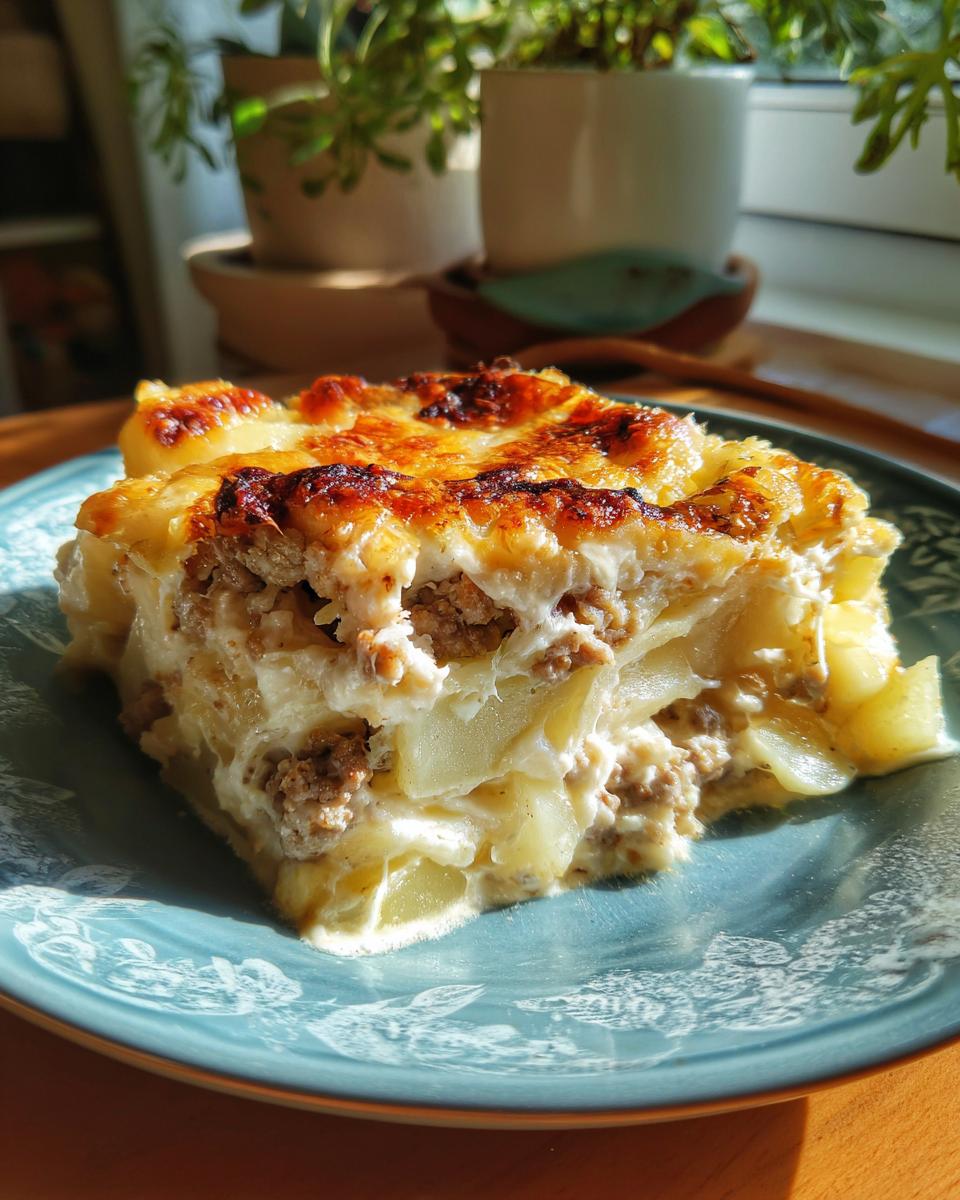 Ein Stück herzhafter Sauerkrautauflauf mit Hackfleisch und Kartoffeln auf einem blauen Teller, goldbraun überbacken.