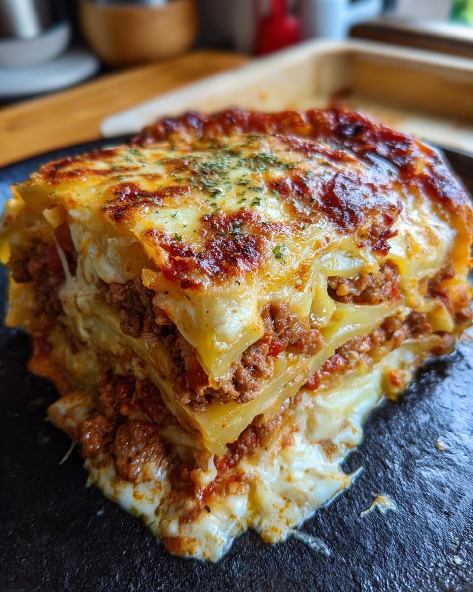 Ein saftiges Stück Sauerkrautauflauf mit Hackfleisch und Kartoffeln, überbacken mit goldbraunem Käse.