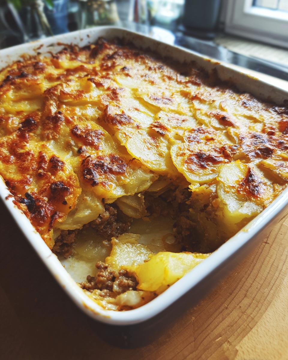 Nahaufnahme eines frisch gebackenen Sauerkrautauflaufs mit Hackfleisch und Kartoffeln, goldbraun überbacken.