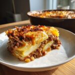 Ein Stück herzhafter Sauerkrautauflauf mit Hackfleisch und Kartoffeln auf einem Teller, goldbraun überbacken.