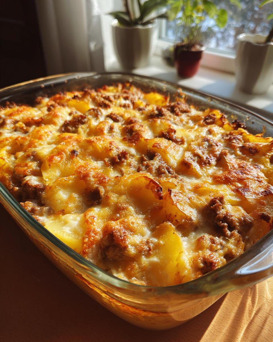 Ein goldbraun überbackener Sauerkrautauflauf mit Hackfleisch und Kartoffeln in einer Auflaufform.