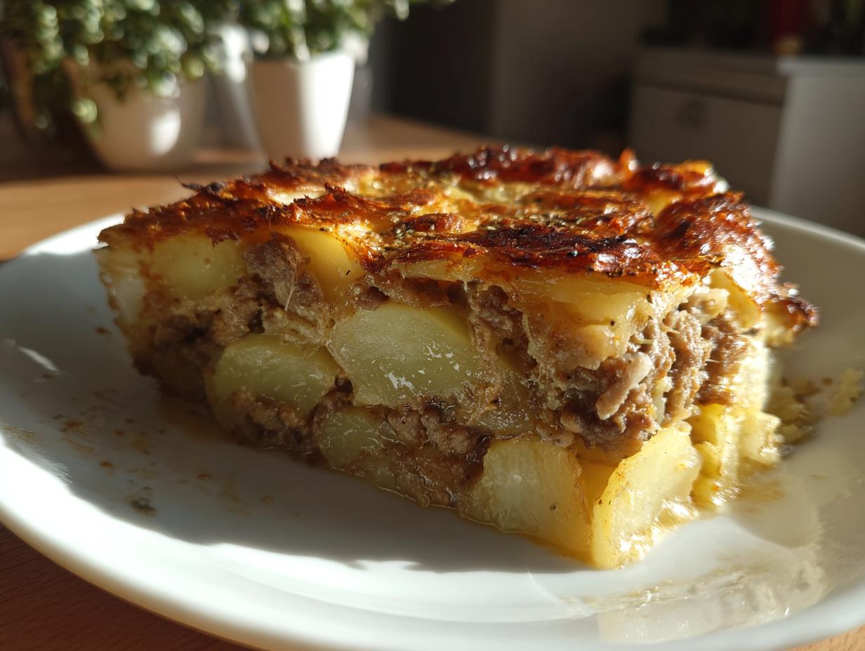 Ein Stück herzhafter Sauerkrautauflauf mit Hackfleisch und Kartoffeln auf einem Teller, goldbraun gebacken.
