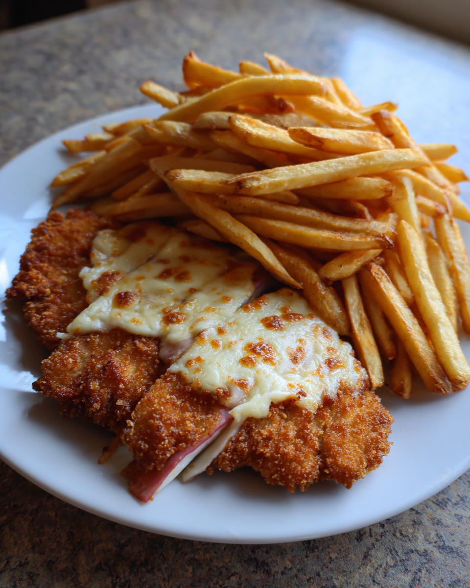 Goldbraunes Schinken-Käse-Schnitzel mit geschmolzenem Käse und einer Portion knuspriger Pommes Frites.