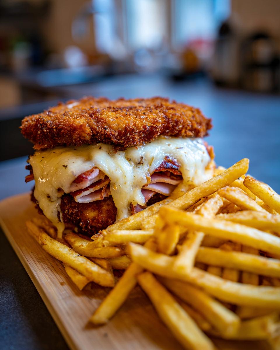 Goldbraunes Schinken-Käse-Schnitzel mit geschmolzenem Käse und einer Beilage knuspriger Pommes.