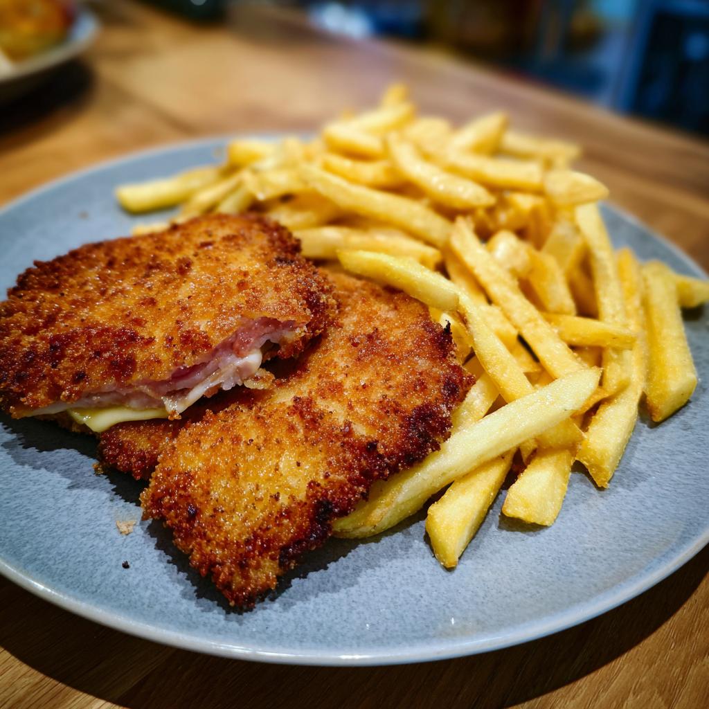 Ein knuspriges Schinken-Käse-Schnitzel serviert mit einer Portion goldbrauner Pommes Frites auf einem grauen Teller.